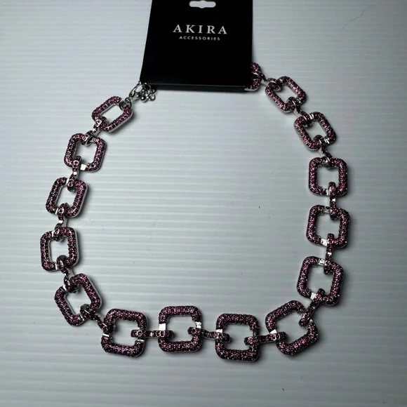 AKIRA Pink Rhinestone Chain Statement Necklace Glam Chunky Link NWT - Picture 2 of 3